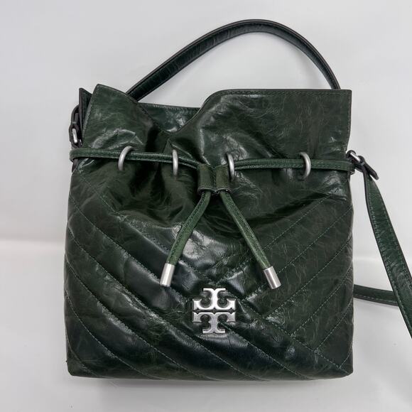 Tory Burch Kira Mini Bucket Bag Basil Green Chevron Textured Leather Crossbody - Picture 3 of 14